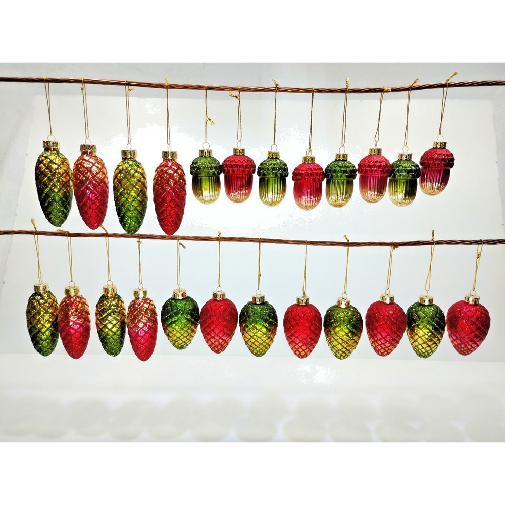 Vtg AmeriChristmas Set of 24 Red/Green Glass Ornaments Pine Cone & Acorn w/Box